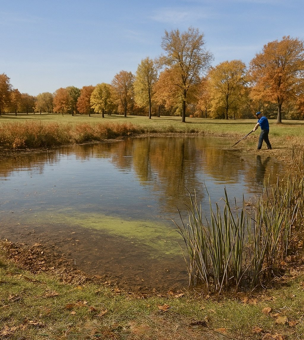 Pond technician performing fall maintenance on shoreline vegetation and muck buildup in Texas