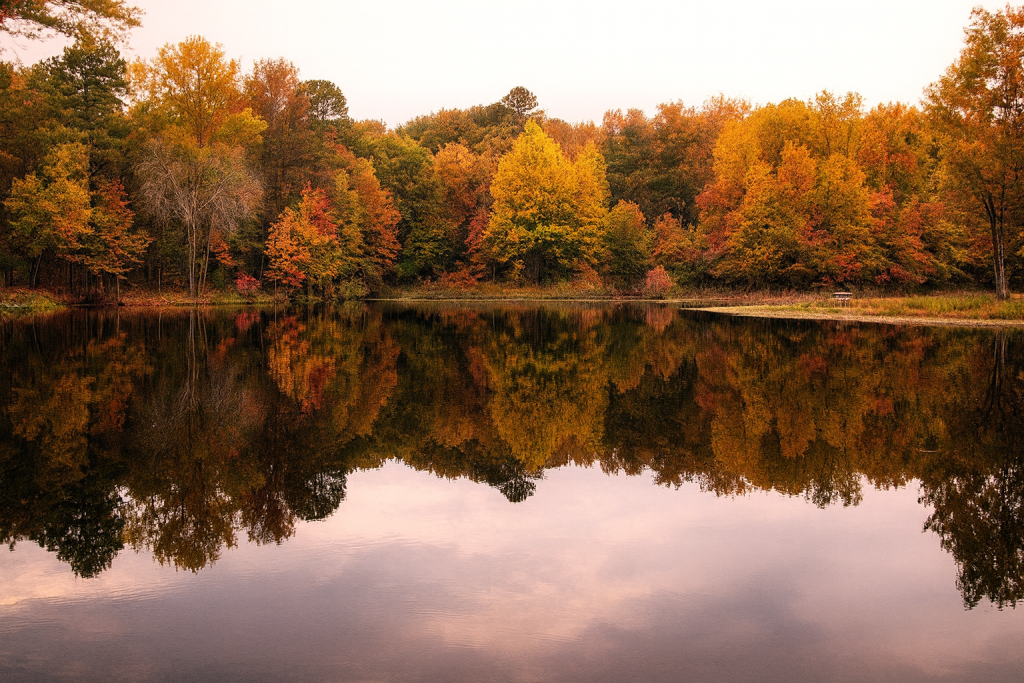 Texas pond surrounded by fall leaves. Prep your pond for fall today
