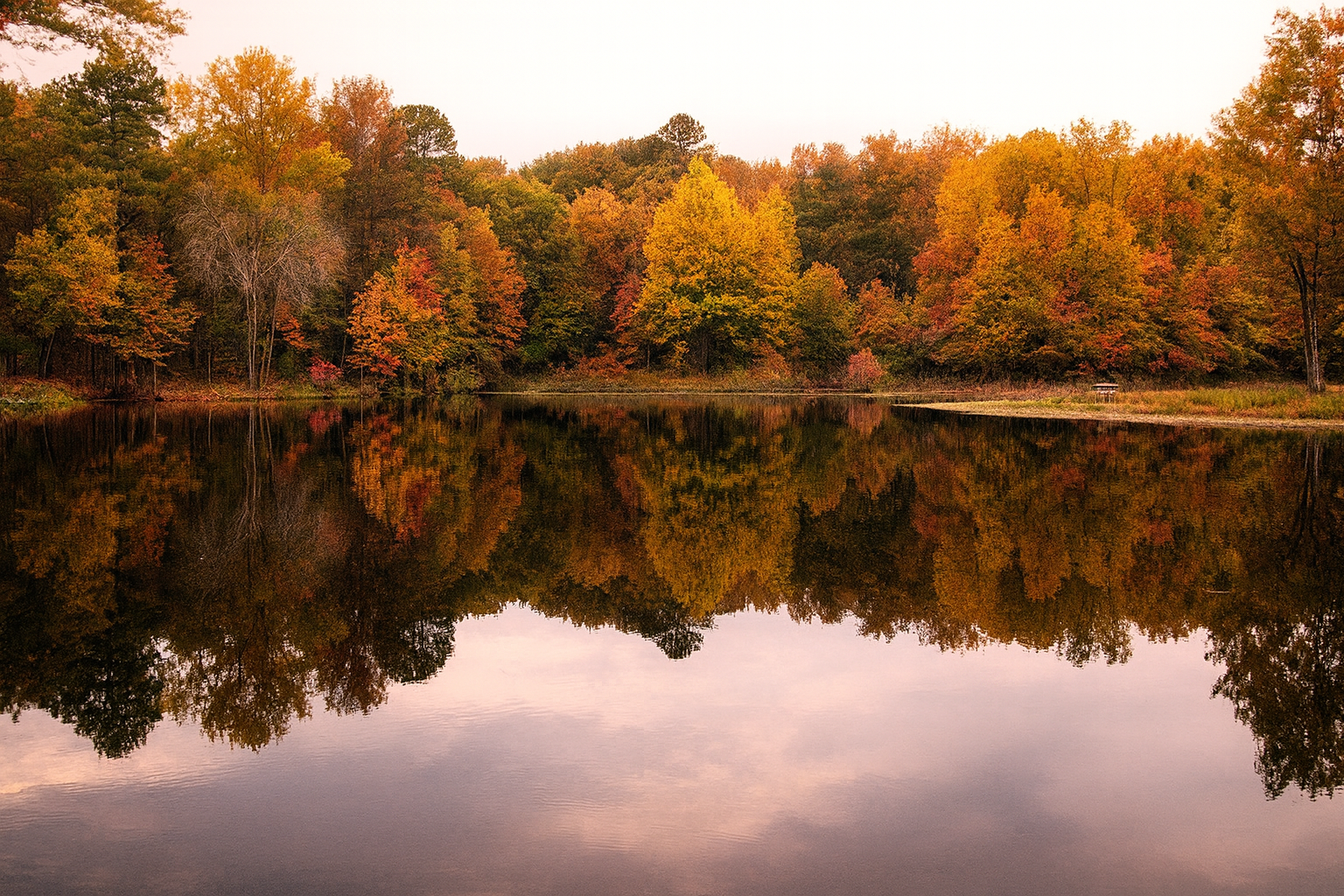Texas pond surrounded by fall leaves. Prep your pond for fall today