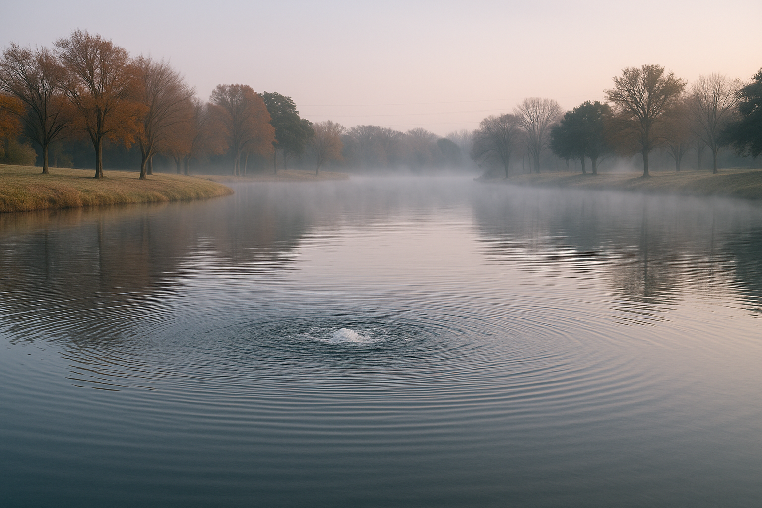 Texas pond in early winter showing calm water and operating aeration system