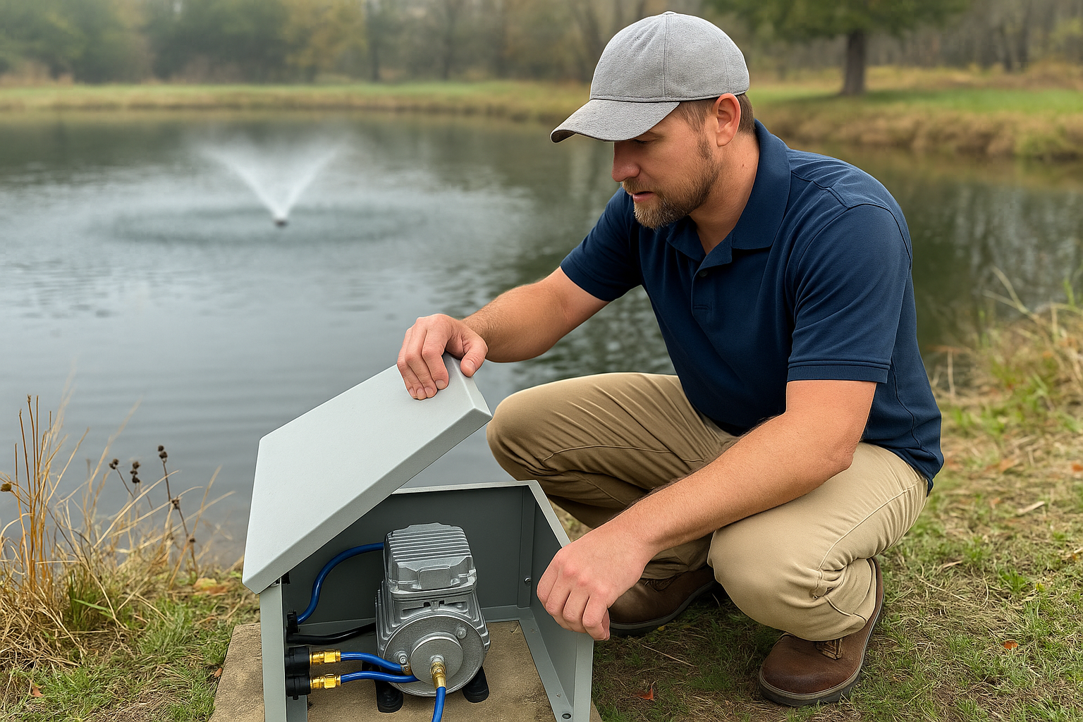 Highland Pond Management Pond technician performing aeration system inspection in Texas.