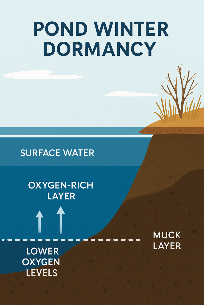 Diagram showing Texas pond winter dormancy and oxygen levels below surface