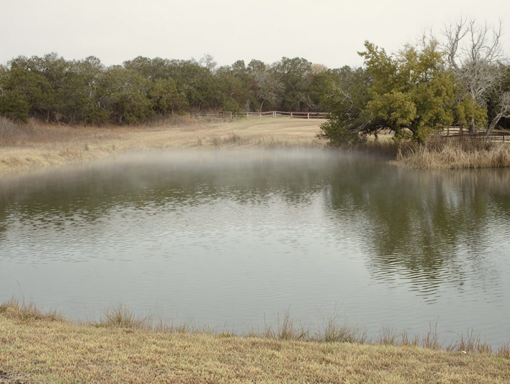 Winter pond with calm water and no visible fish activity