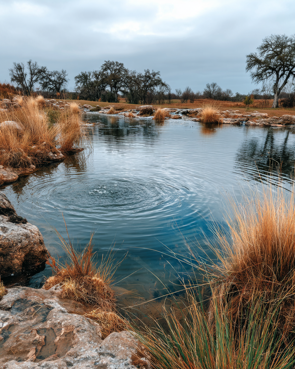 Winter Texas pond with subtle surface ripples from aeration, supporting oxygen levels for seasonal rainbow trout