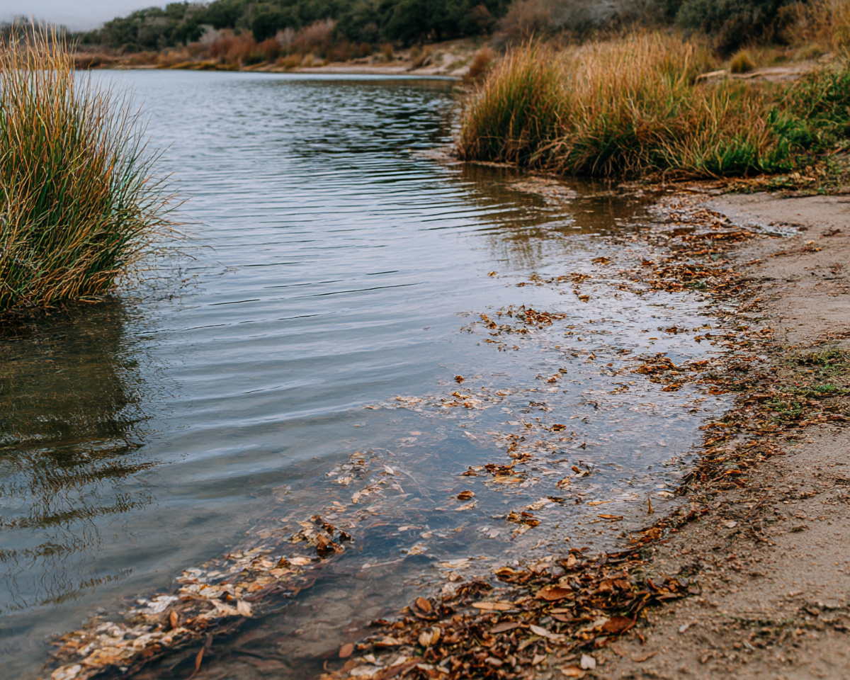 Texas pond shoreline showing organic debris buildup that contributes to pond muck