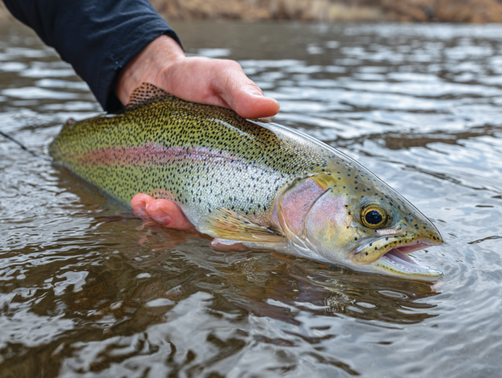 Rainbow trout caught from a Texas pond in winter near the shoreline - Rainbow Trout Stocking Texas Hill Country