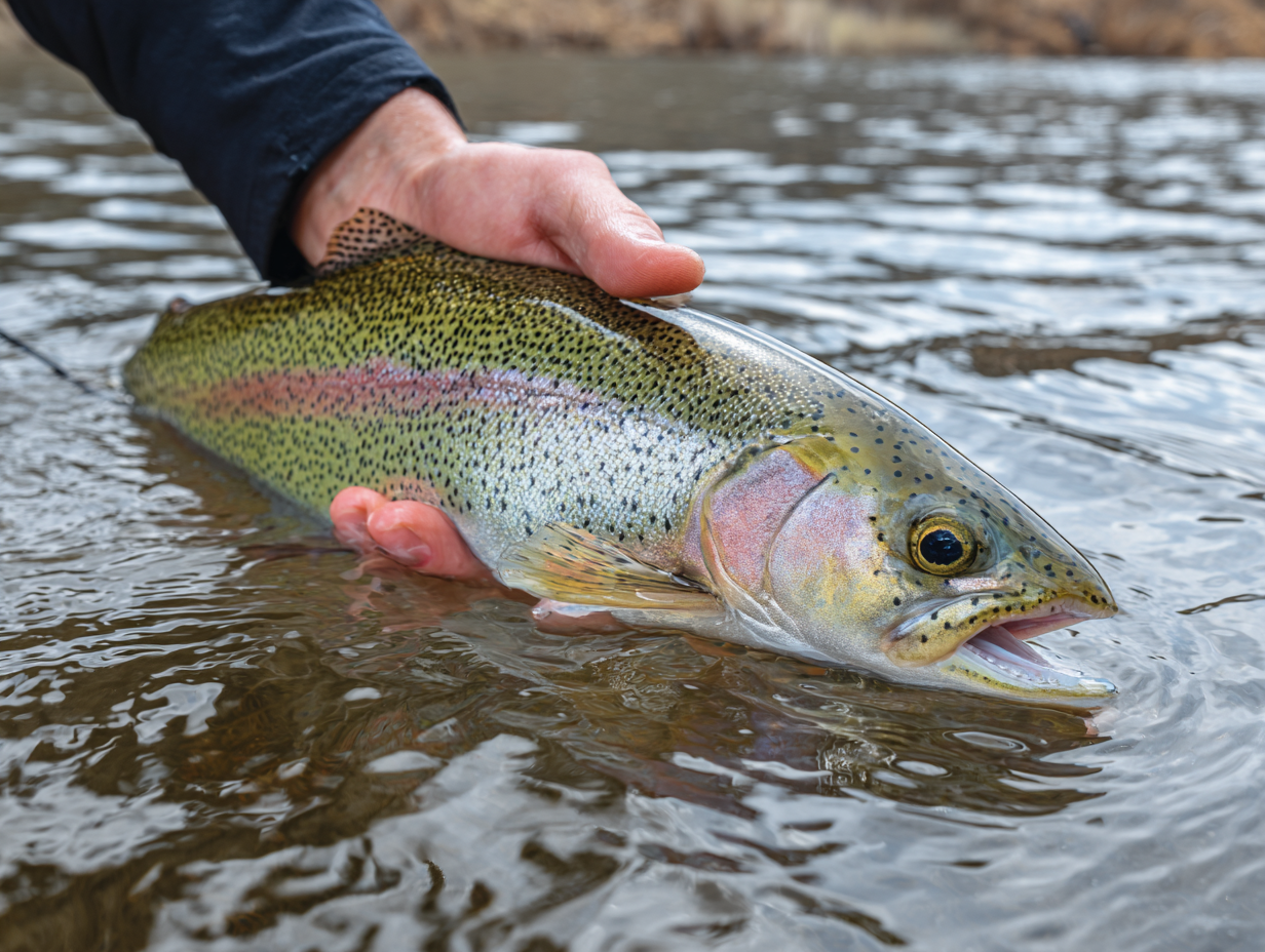Rainbow trout caught from a Texas pond in winter near the shoreline - Rainbow Trout Stocking Texas Hill Country