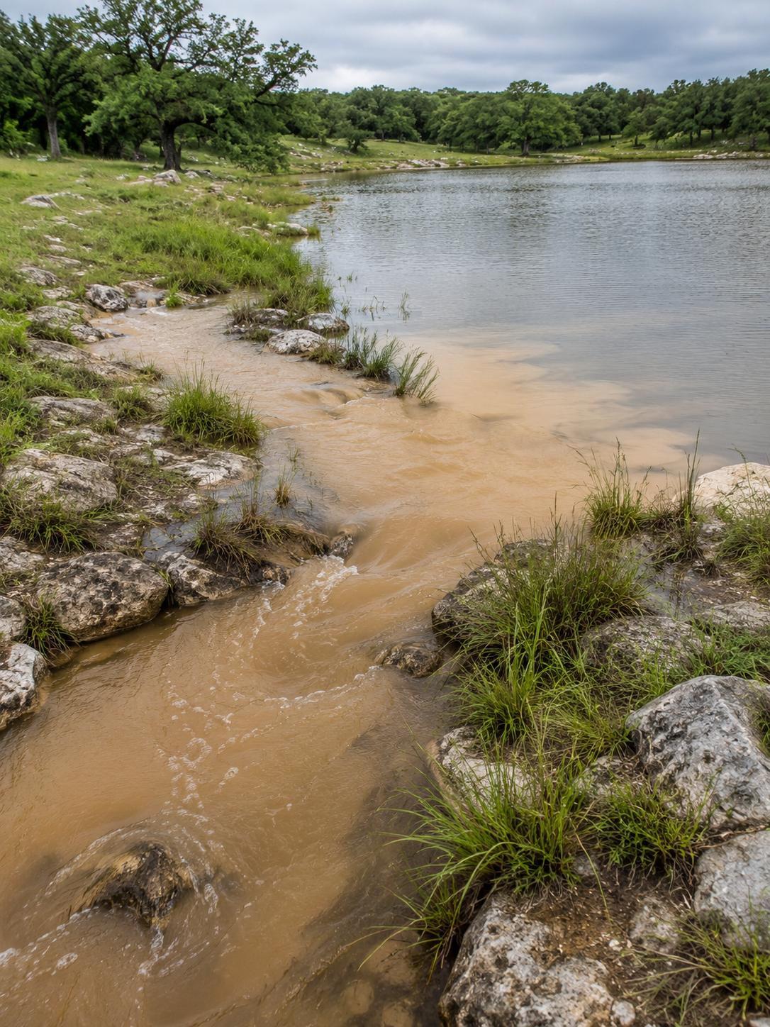 Rainwater carrying suspended clay into a Texas pond after a storm.