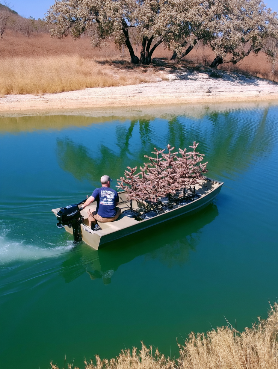 Pond management technician transporting artificial fish habitat for installation in a Texas pond