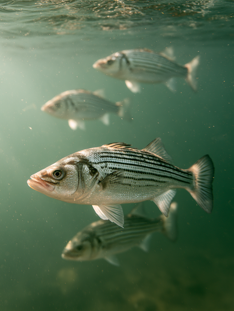 Hybrid striped bass swimming in open water in a managed Texas pond