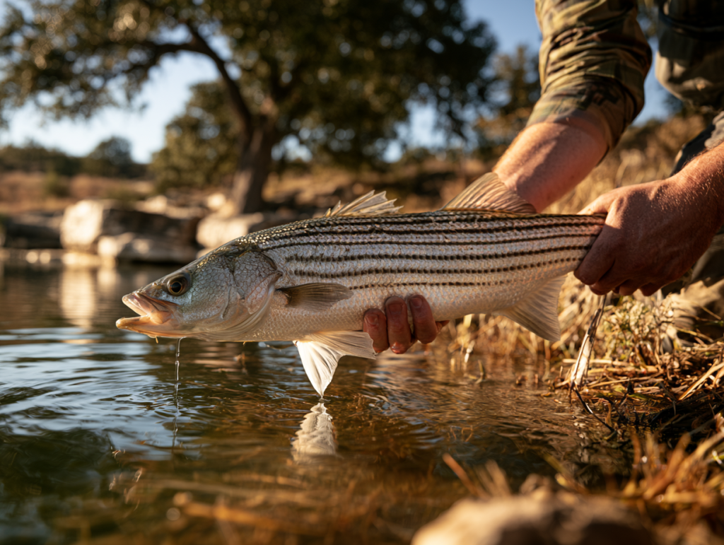 Hybrid striped bass caught from a managed Texas Hill Country pond