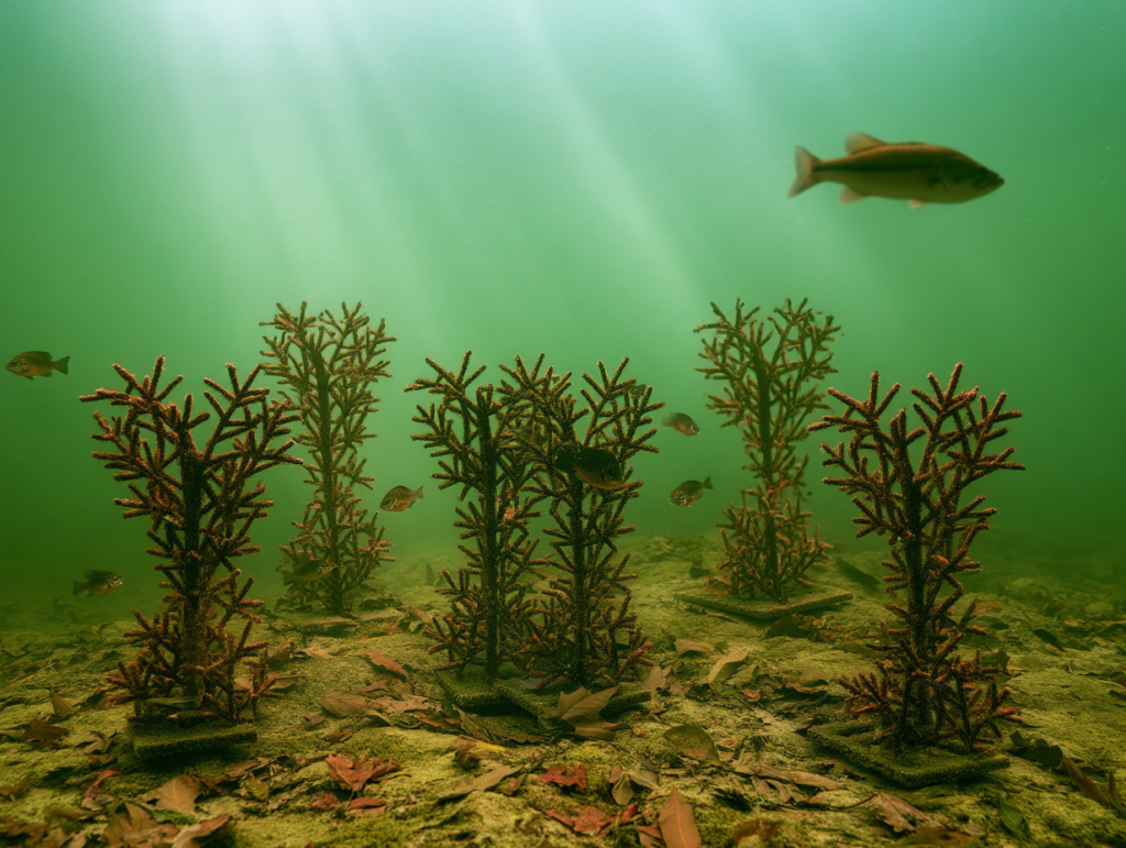 Artificial fish habitat providing cover for forage fish and bass in a managed Texas pond