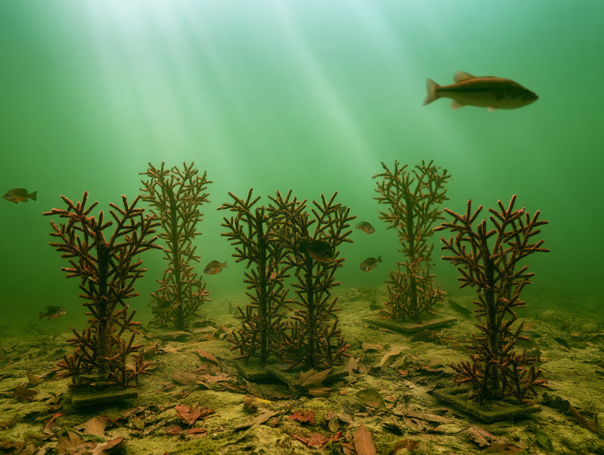 Artificial fish habitat providing cover for forage fish and bass in a managed Texas pond